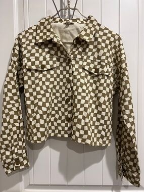 Camellia Wavy Checkerboard Button-Down 100% Cotton Retro Denim Jacket